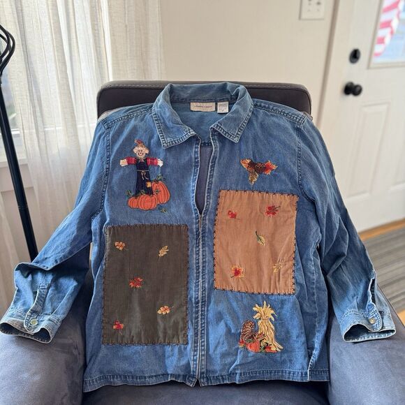 Vintage Cottagecore Fall Autumn Embroidered Patchwork Denim Jacket XL Pumpkin 90 - Picture 1 of 16